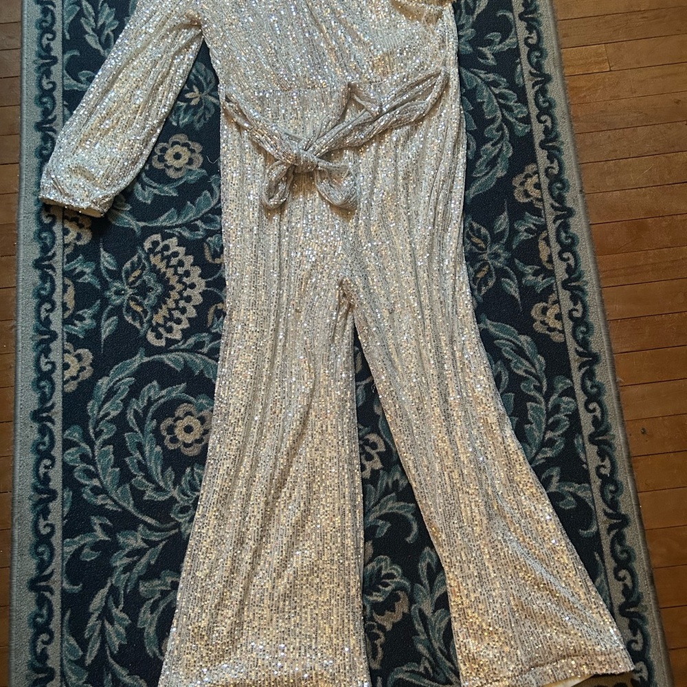 Silver Sequin Jumpsuit with Flared Pants and Belted Waist